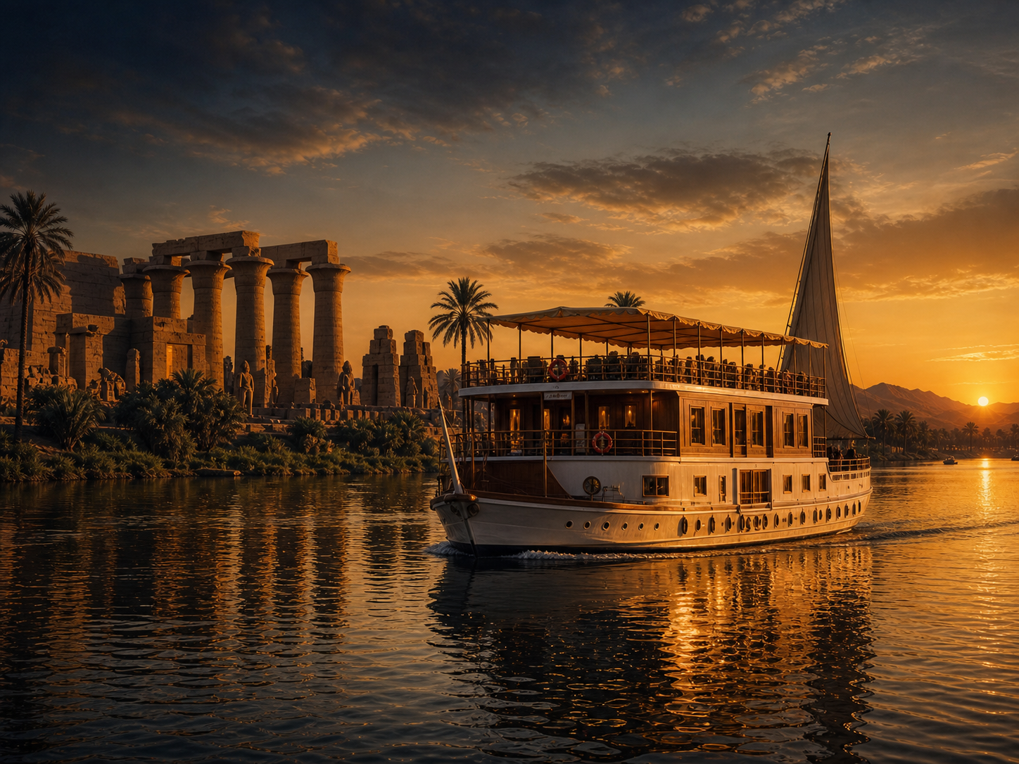 Nilkreuzfahrtschiff vor einem ägyptischen Tempel