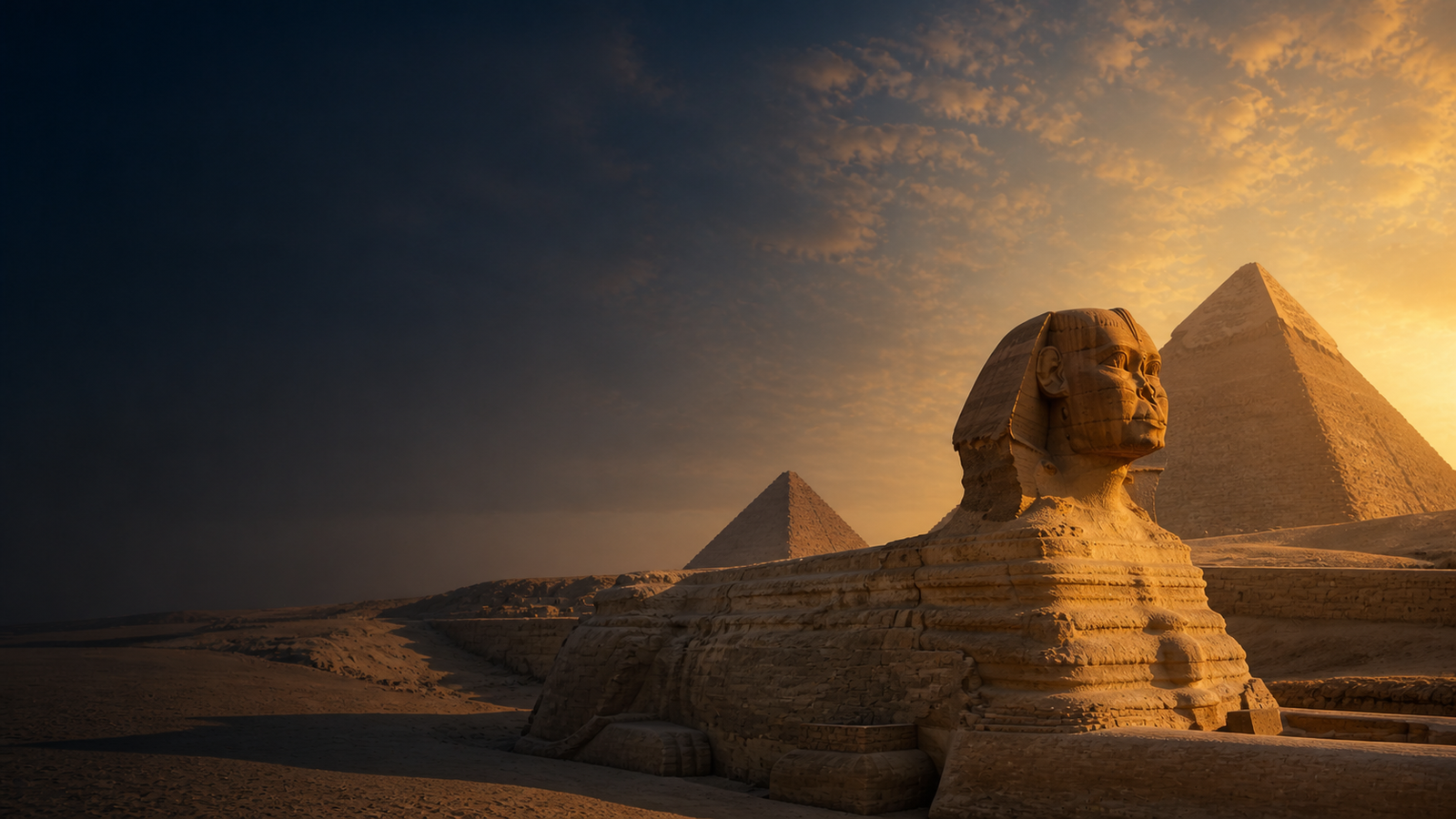 Große Sphinx und Pyramiden von Gizeh im goldenen Abendlicht